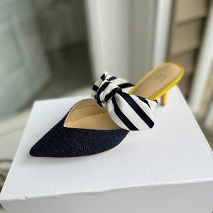 Cabi, kitten heel, navy striped bow & yellow, size 8